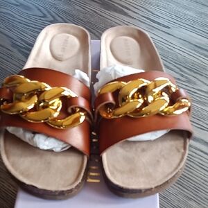 Steve Madden Brown and Gold Mules with Chain Accent